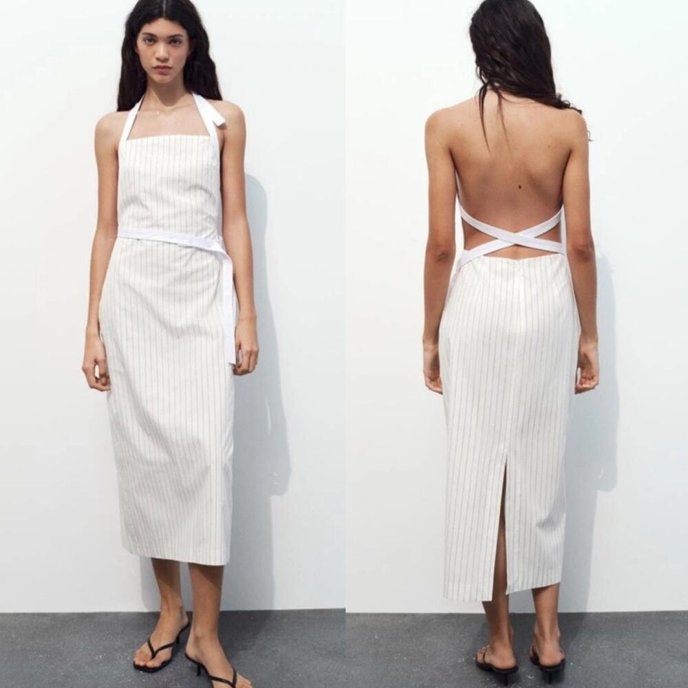 NWT ZARA Gabardine Halter Strappy Back Midi Dress Artsy Preppy Officecore Size M